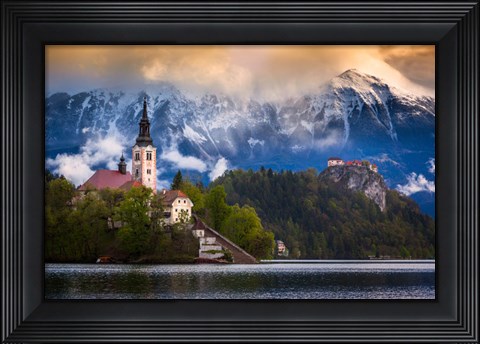 Framed Europe, Slovenia, Lake Bled Church Castle On Lake Island And Mountain Landscape Print