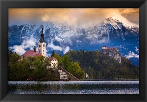 Framed Europe, Slovenia, Lake Bled Church Castle On Lake Island And Mountain Landscape Print