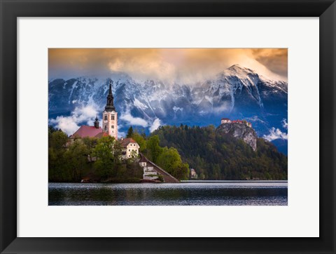 Framed Europe, Slovenia, Lake Bled Church Castle On Lake Island And Mountain Landscape Print