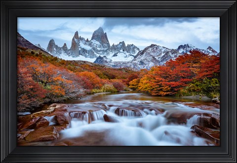 Framed Argentina, Los Glaciares National Park Mt Fitz Roy And Lenga Beech Trees In Fall Print