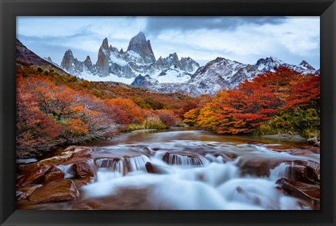 Framed Argentina, Los Glaciares National Park Mt Fitz Roy And Lenga Beech Trees In Fall Print