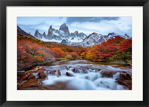 Framed Argentina, Los Glaciares National Park Mt Fitz Roy And Lenga Beech Trees In Fall Print