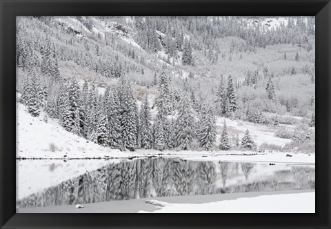 Framed Colorado, Maroon Bells State Park, Autumn Snowfall On Mountain And Maroon Lake Print