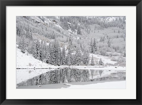 Framed Colorado, Maroon Bells State Park, Autumn Snowfall On Mountain And Maroon Lake Print