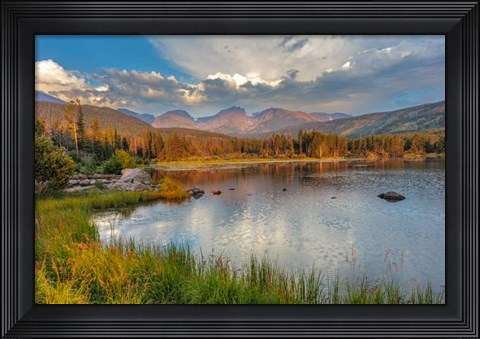 Framed Sunrise On Hallett Peak And Flattop Mountain Above Sprague Lake, Rocky Mountain National Park, Colorado Print