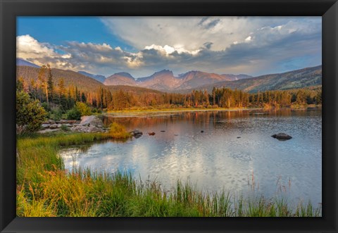 Framed Sunrise On Hallett Peak And Flattop Mountain Above Sprague Lake, Rocky Mountain National Park, Colorado Print