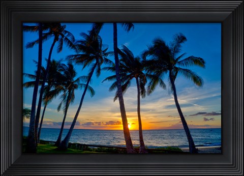 Framed Sunset And Silhouetted Palm Trees, Kihei, Maui, Hawaii Print