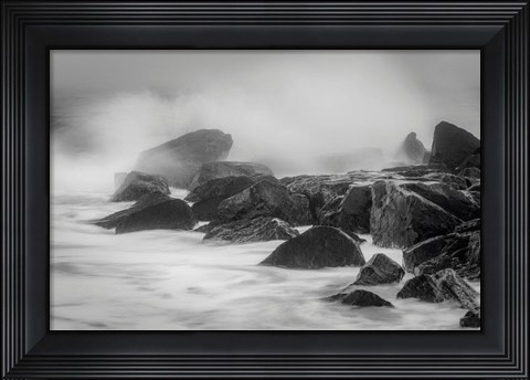 Framed New Jersey, Cape May, Black And White Of Beach Waves Hitting Rocks Print