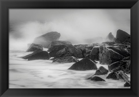 Framed New Jersey, Cape May, Black And White Of Beach Waves Hitting Rocks Print