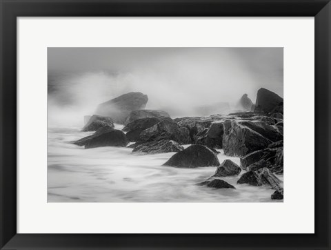 Framed New Jersey, Cape May, Black And White Of Beach Waves Hitting Rocks Print