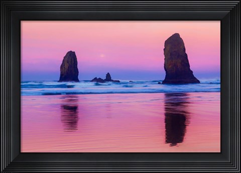Framed Oregon, Bandon Sunrise On Beach Sea Stacks Print