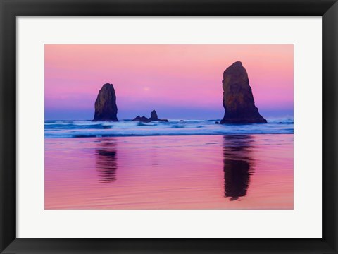 Framed Oregon, Bandon Sunrise On Beach Sea Stacks Print