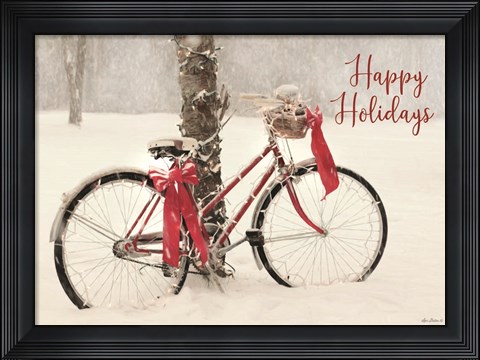 Framed Happy Holidays Snowy Bike Print