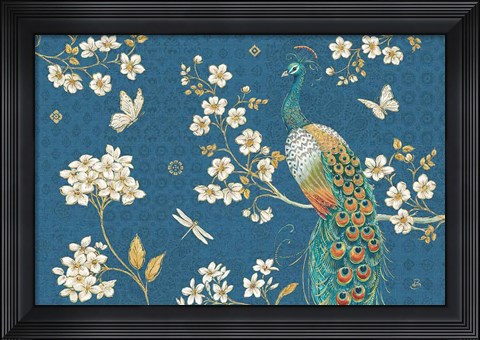 Framed Ornate Peacock II Blue Print