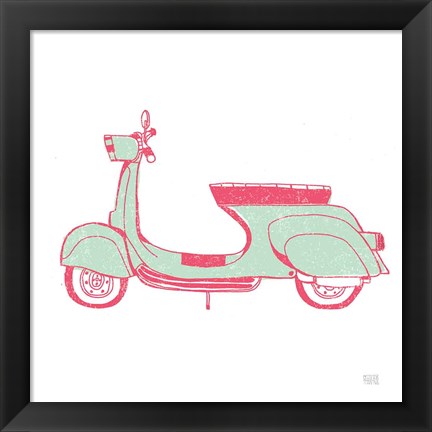 Framed Road Trip Vespa Pink Green Print