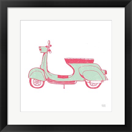 Framed Road Trip Vespa Pink Green Print