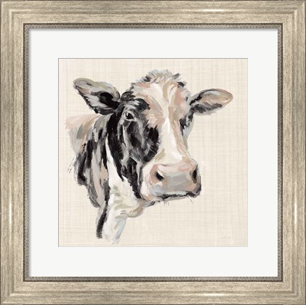 Framed Expressionistic Cow I Neutral Linen Print