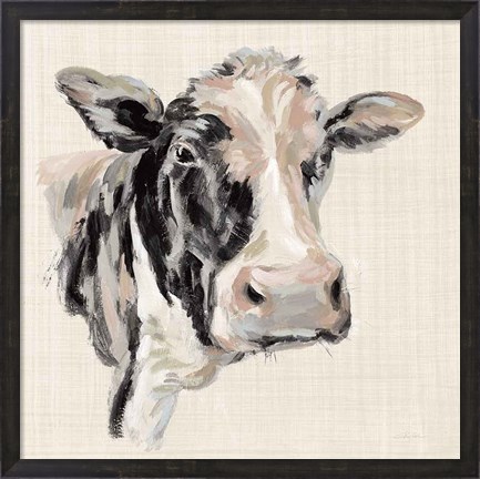 Framed Expressionistic Cow I Neutral Linen Print