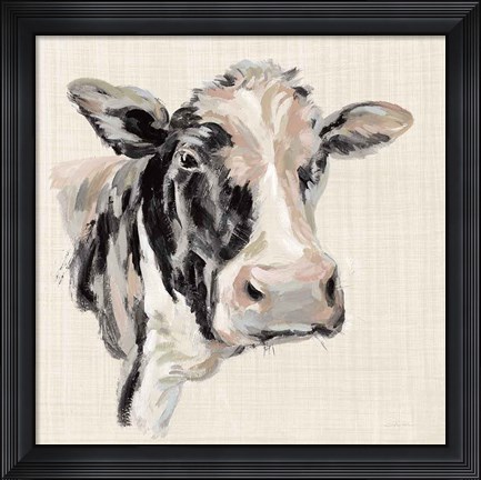 Framed Expressionistic Cow I Neutral Linen Print
