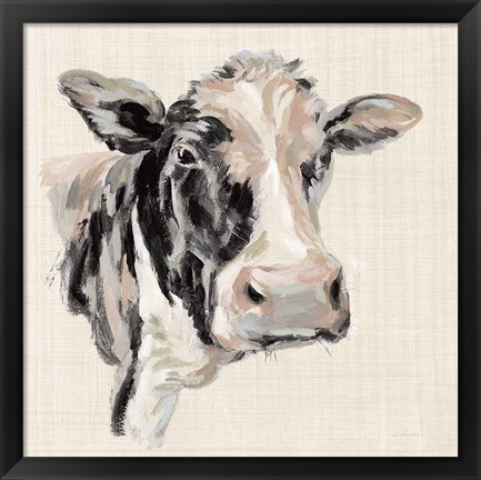 Framed Expressionistic Cow I Neutral Linen Print