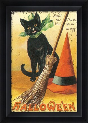 Framed Halloween Nostalgia Cat with Broom Print