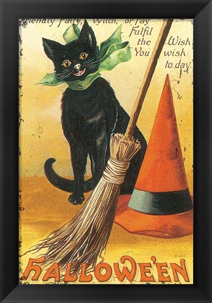 Framed Halloween Nostalgia Cat with Broom Print