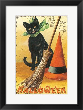 Framed Halloween Nostalgia Cat with Broom Print