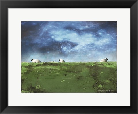 Framed Distant Hillside Sheep by Night Print