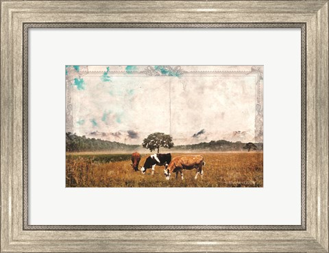 Framed Vintage Grazing Cattle Print
