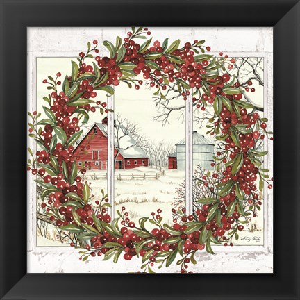 Framed Winter Barn Window View I Print