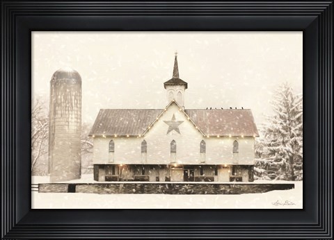 Framed Christmas Star Barn with Lights Print