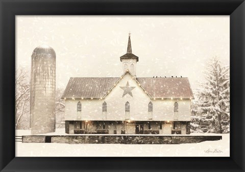 Framed Christmas Star Barn with Lights Print