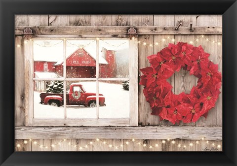 Framed Poinsettia Wreath Window View Print