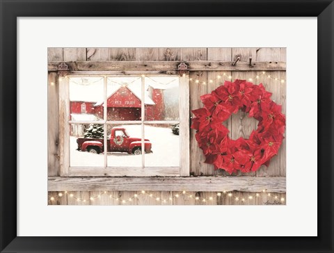 Framed Poinsettia Wreath Window View Print