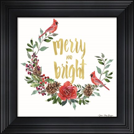 Framed Merry and Bright Wreath with Cardinals Print
