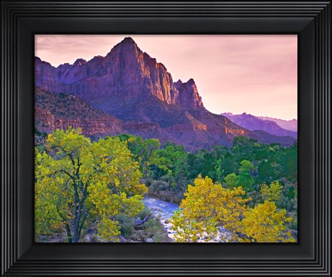 Framed Utah, Zion National Park The Watchman Formation And The Virgin River In Autumn Print