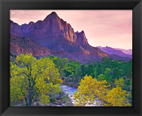 Framed Utah, Zion National Park The Watchman Formation And The Virgin River In Autumn Print