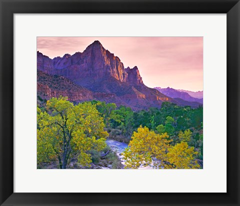 Framed Utah, Zion National Park The Watchman Formation And The Virgin River In Autumn Print