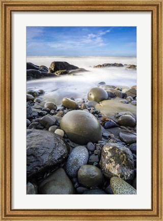 Framed Sunrise On Coast Beach And Rocks Print