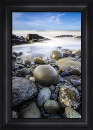 Framed Sunrise On Coast Beach And Rocks Print
