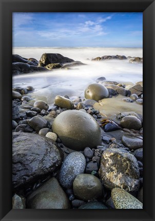 Framed Sunrise On Coast Beach And Rocks Print