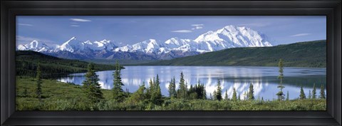 Framed Snow Covered Mountain Range At The Lakeside, Mt Mckinley, Wonder Lake, Alaska Print