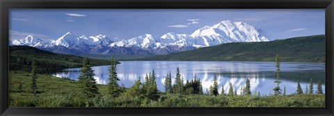 Framed Snow Covered Mountain Range At The Lakeside, Mt Mckinley, Wonder Lake, Alaska Print