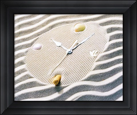 Framed Clock Made Of Sand With Shells And Striated Background Print