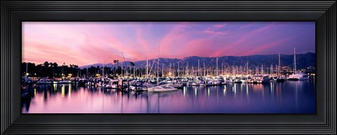 Framed Boats Moored In Harbor At Sunset, Santa Barbara Harbor, California Print