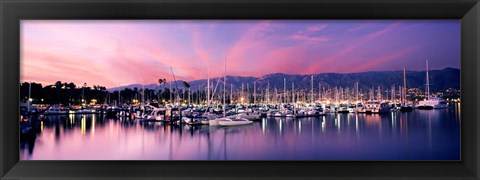 Framed Boats Moored In Harbor At Sunset, Santa Barbara Harbor, California Print