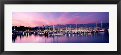 Framed Boats Moored In Harbor At Sunset, Santa Barbara Harbor, California Print