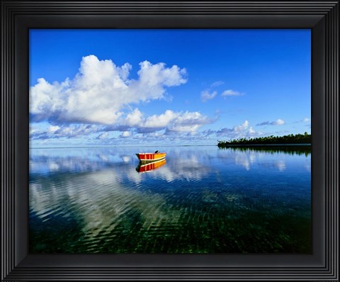 Framed Reflection Of Clouds And Boat On Water, Tahiti Print
