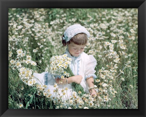 Framed Little Girl In White Hat And Dress Picking Daises Print