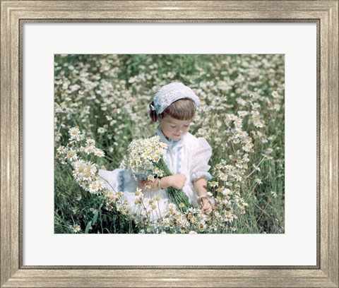 Framed Little Girl In White Hat And Dress Picking Daises Print